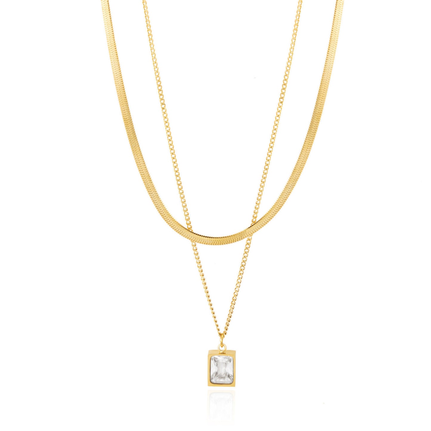 304 Stainless Steel 18K Gold Plated Simple Style Commute Plating Inlay Rectangle Artificial Rhinestones Layered Necklaces