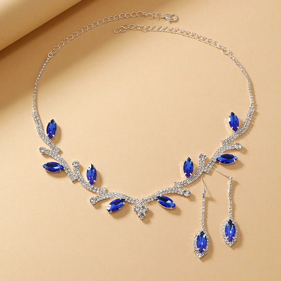 luxurious bridal leaf alloy plating inlay rhinestones silver plated women's earrings necklace