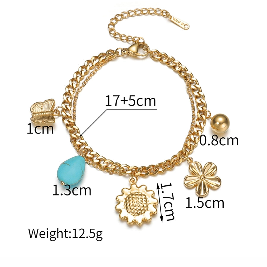 Sweet Simple Style Heart Shape Flower Butterfly 304 Stainless Steel 18K Gold Plated figaro chain Multi Charms Bracelet Bracelets In Bulk