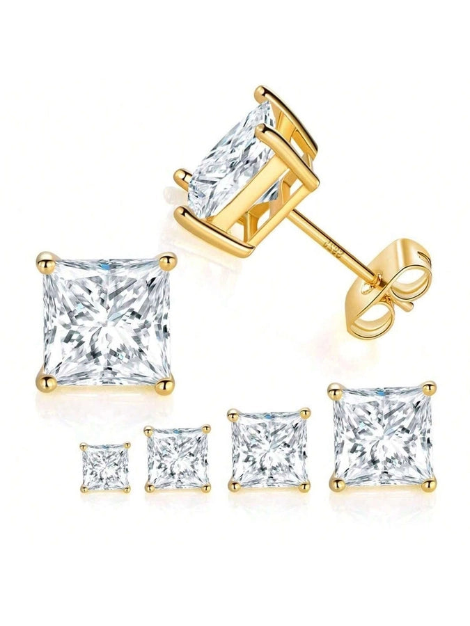 1 Set Princess-cut 18K Gold Plated 925 Sterling Silver 925 Sterling Silver Moissanite GRA Certificate Square Ear Studs Colorless(DEF)