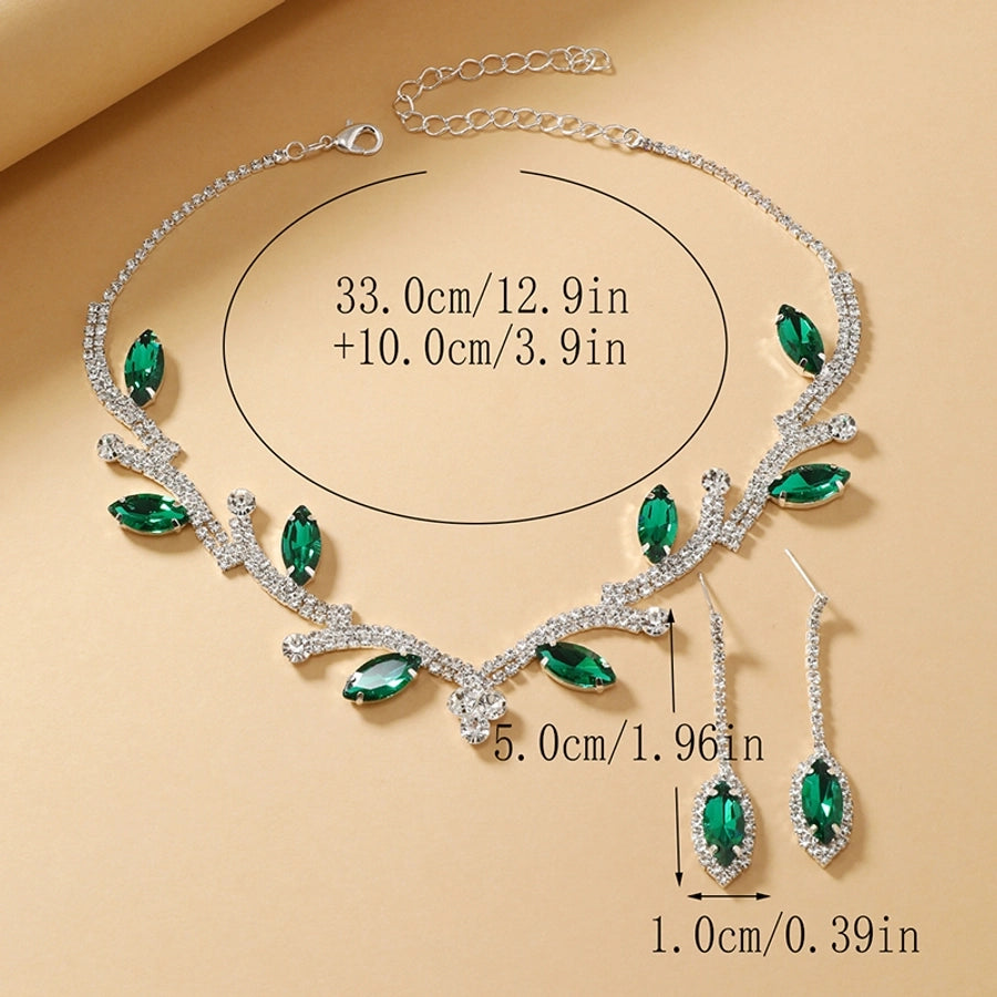 luxurious bridal leaf alloy plating inlay rhinestones silver plated women's earrings necklace