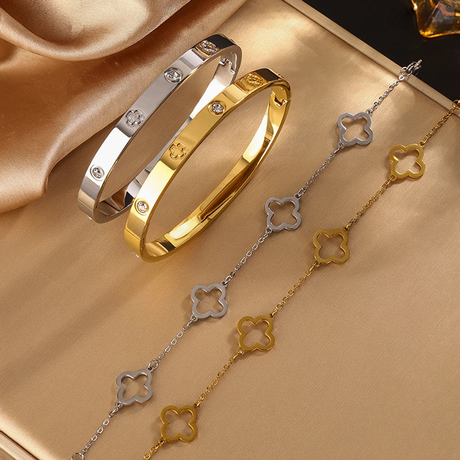 Jewelry Princess Romantic Classic Style Geometric Four Leaf Clover 304 Stainless Steel 18K Gold Plated Jewelry Set