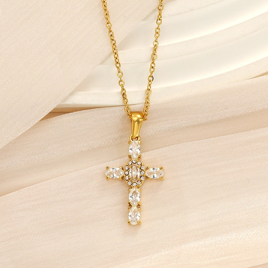 Jewelry Cute Wedding Pastoral Cross 304 Stainless Steel Rhinestones Zircon 18K Gold Plated Necklace