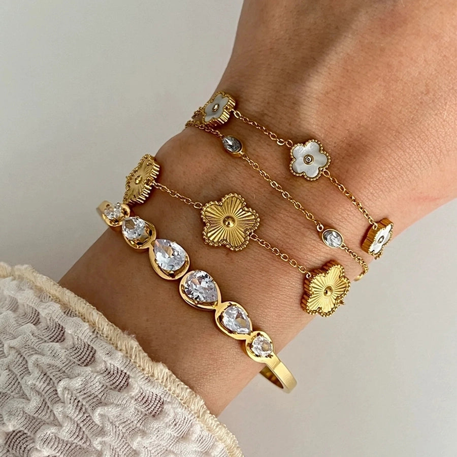 Elegant Retro Geometric Flower 316L Stainless Steel  18K Gold Plated Natural White Shell Rhinestones Zircon Bangle In Bulk