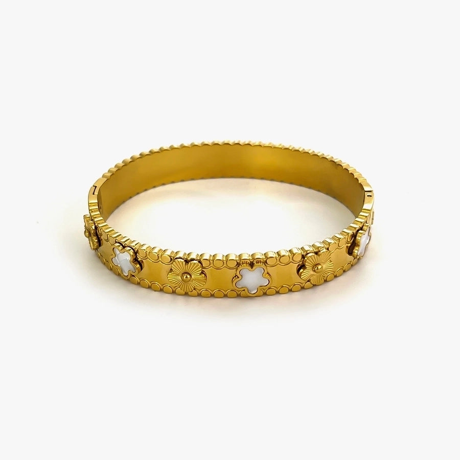 Elegant Retro Geometric Flower 316L Stainless Steel  18K Gold Plated Natural White Shell Rhinestones Zircon Bangle In Bulk