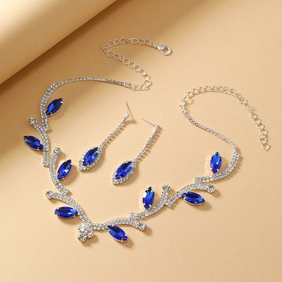 luxurious bridal leaf alloy plating inlay rhinestones silver plated women's earrings necklace