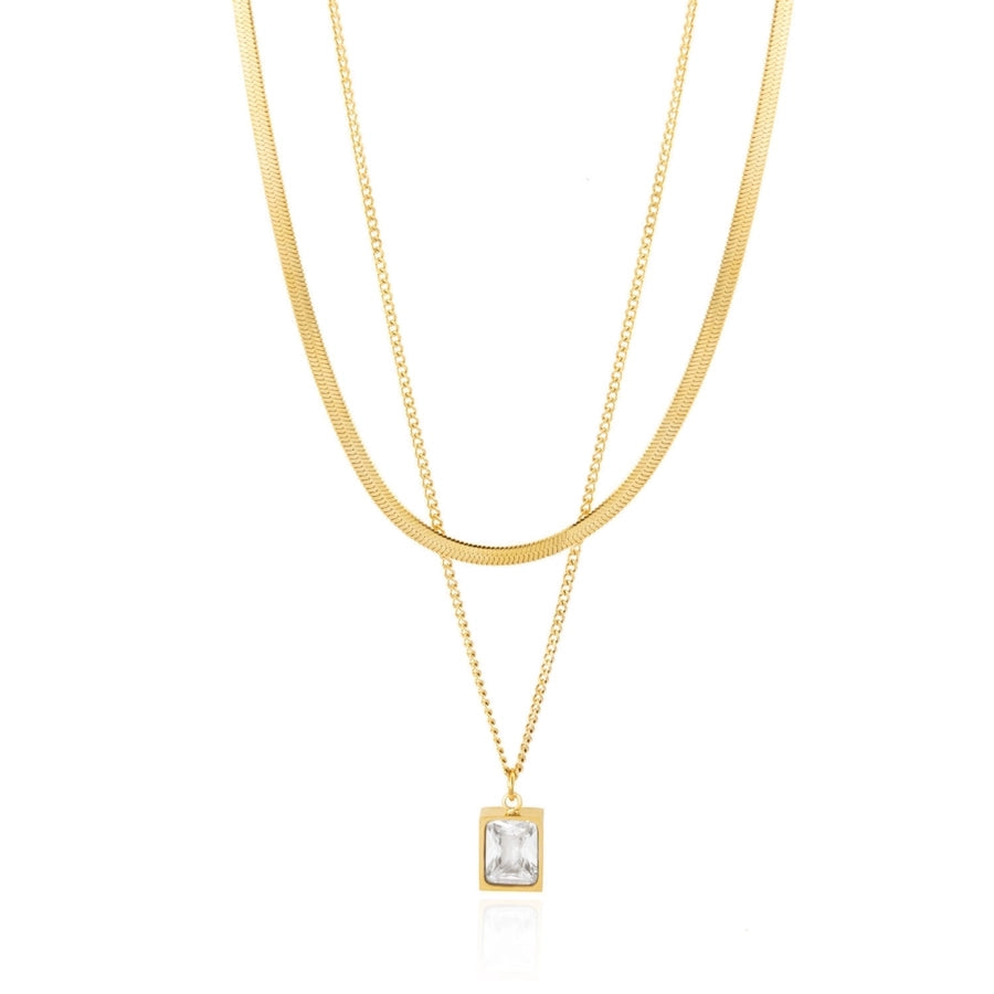 304 Stainless Steel 18K Gold Plated Simple Style Commute Plating Inlay Rectangle Artificial Rhinestones Layered Necklaces