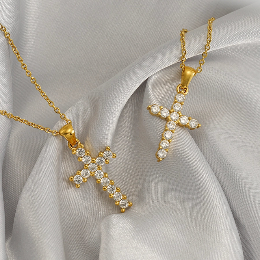 Jewelry Cute Wedding Pastoral Cross 304 Stainless Steel Rhinestones Zircon 18K Gold Plated Necklace