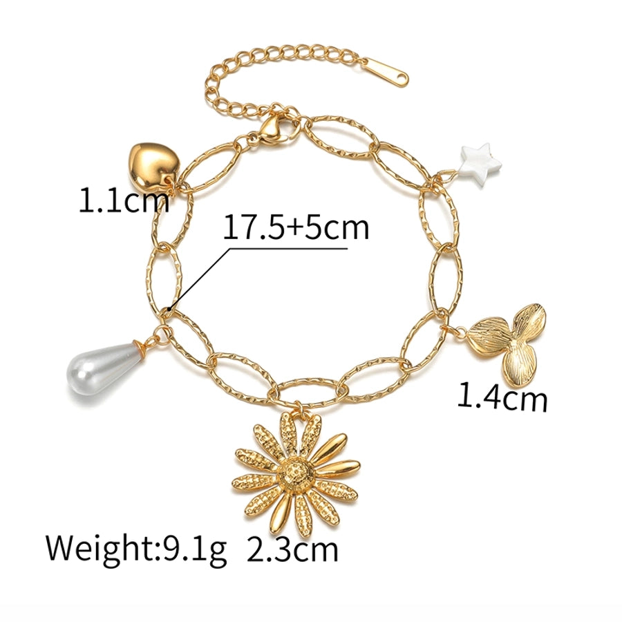 Sweet Simple Style Heart Shape Flower Butterfly 304 Stainless Steel 18K Gold Plated figaro chain Multi Charms Bracelet Bracelets In Bulk