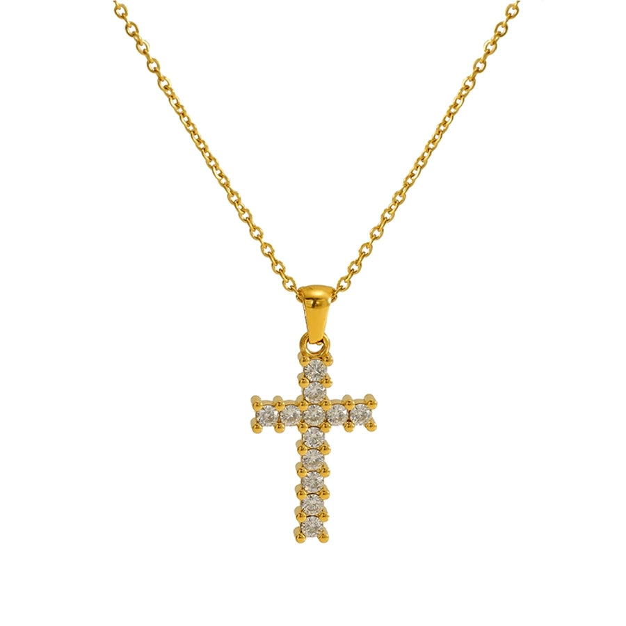 Jewelry Cute Wedding Pastoral Cross 304 Stainless Steel Rhinestones Zircon 18K Gold Plated Necklace