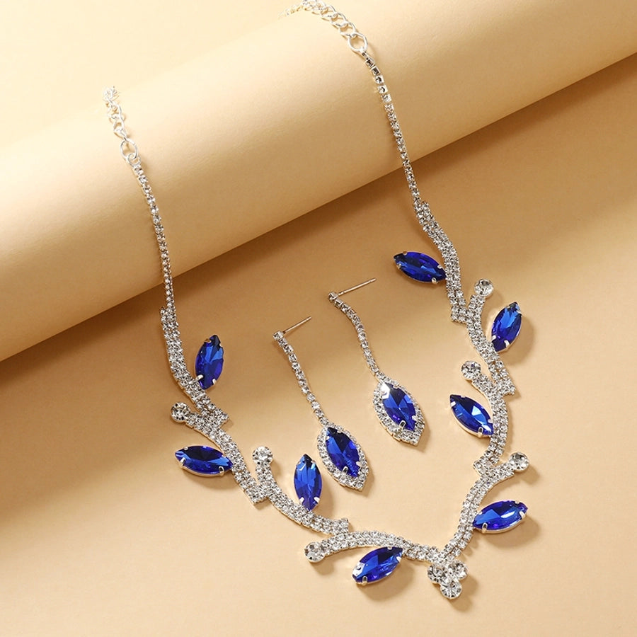 luxurious bridal leaf alloy plating inlay rhinestones silver plated women's earrings necklace