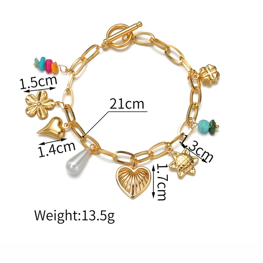 Sweet Simple Style Heart Shape Flower Butterfly 304 Stainless Steel 18K Gold Plated figaro chain Multi Charms Bracelet Bracelets In Bulk