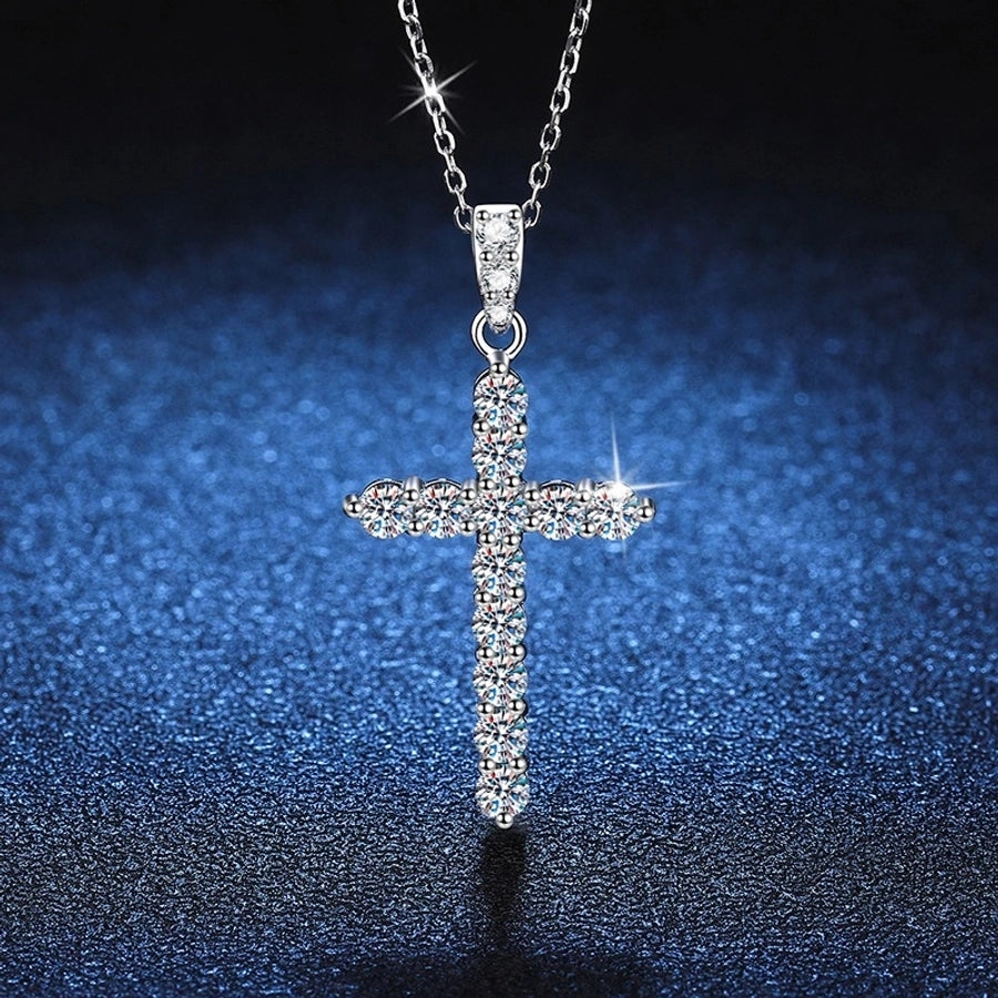 925 Sterling Silver Moissanite Inlay Cross Pendant Necklace