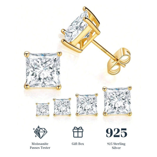 1 Set Princess-cut 18K Gold Plated 925 Sterling Silver 925 Sterling Silver Moissanite GRA Certificate Square Ear Studs Colorless(DEF)