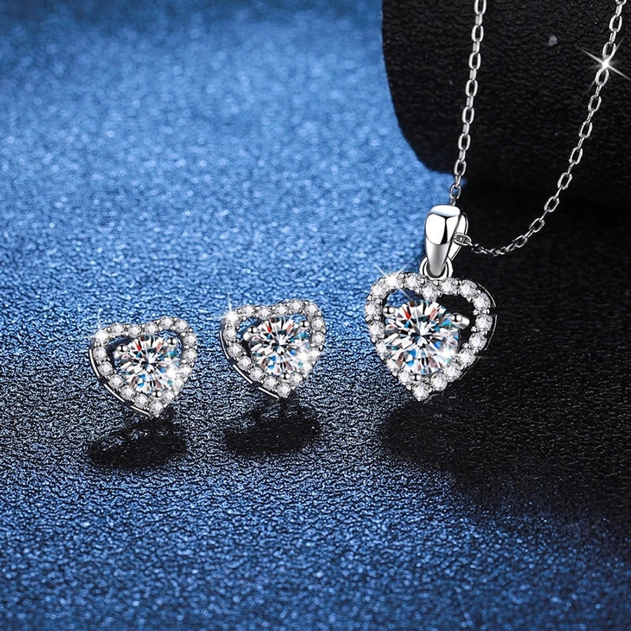 Elegant Glam Shiny Heart Shape 925 Sterling Silver Hollow Out Inlay Moissanite High Carbon Diamond Women's Earrings Necklace