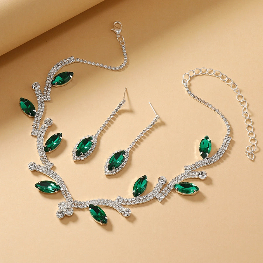 luxurious bridal leaf alloy plating inlay rhinestones silver plated women's earrings necklace