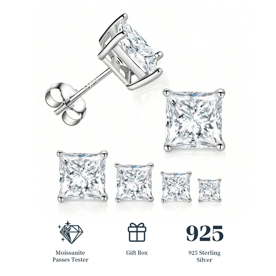 1 Set Princess-cut 18K Gold Plated 925 Sterling Silver 925 Sterling Silver Moissanite GRA Certificate Square Ear Studs Colorless(DEF)