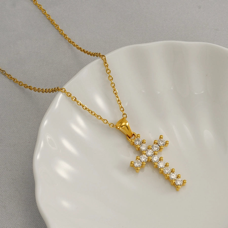 Jewelry Cute Wedding Pastoral Cross 304 Stainless Steel Rhinestones Zircon 18K Gold Plated Necklace