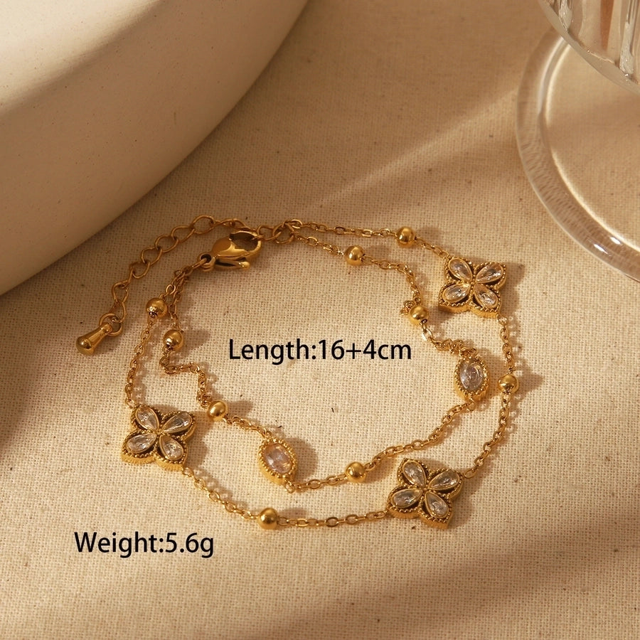 Jewelry IG Style French Style Commute Four Leaf Clover Solid Color Flower 304 Stainless Steel Zircon 18K Gold Plated Bracelets Necklace