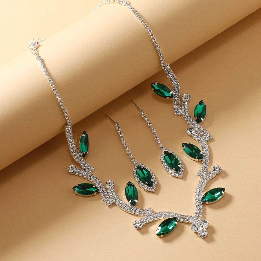 luxurious bridal leaf alloy plating inlay rhinestones silver plated women's earrings necklace