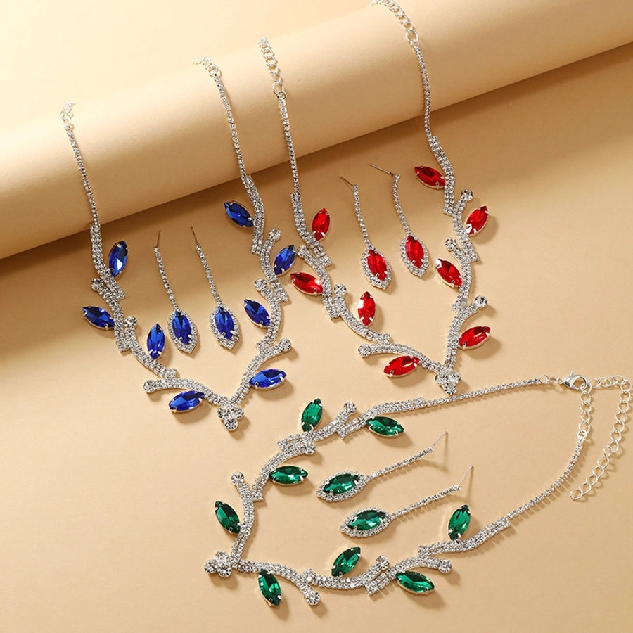 luxurious bridal leaf alloy plating inlay rhinestones silver plated women's earrings necklace