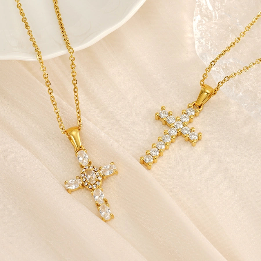 Jewelry Cute Wedding Pastoral Cross 304 Stainless Steel Rhinestones Zircon 18K Gold Plated Necklace