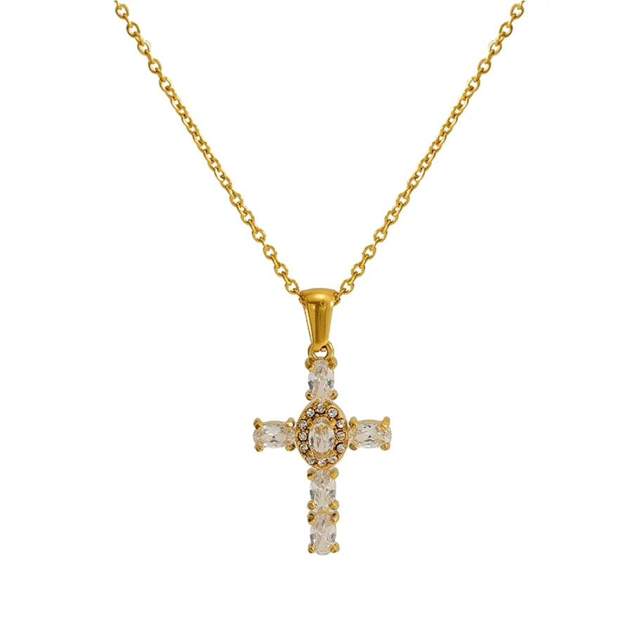 Jewelry Cute Wedding Pastoral Cross 304 Stainless Steel Rhinestones Zircon 18K Gold Plated Necklace