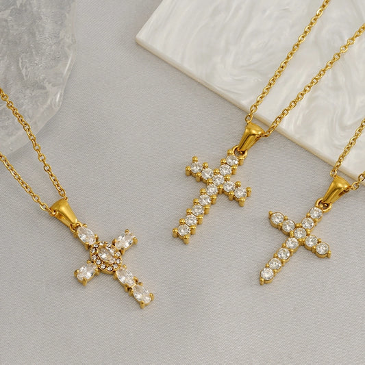 Jewelry Cute Wedding Pastoral Cross 304 Stainless Steel Rhinestones Zircon 18K Gold Plated Necklace