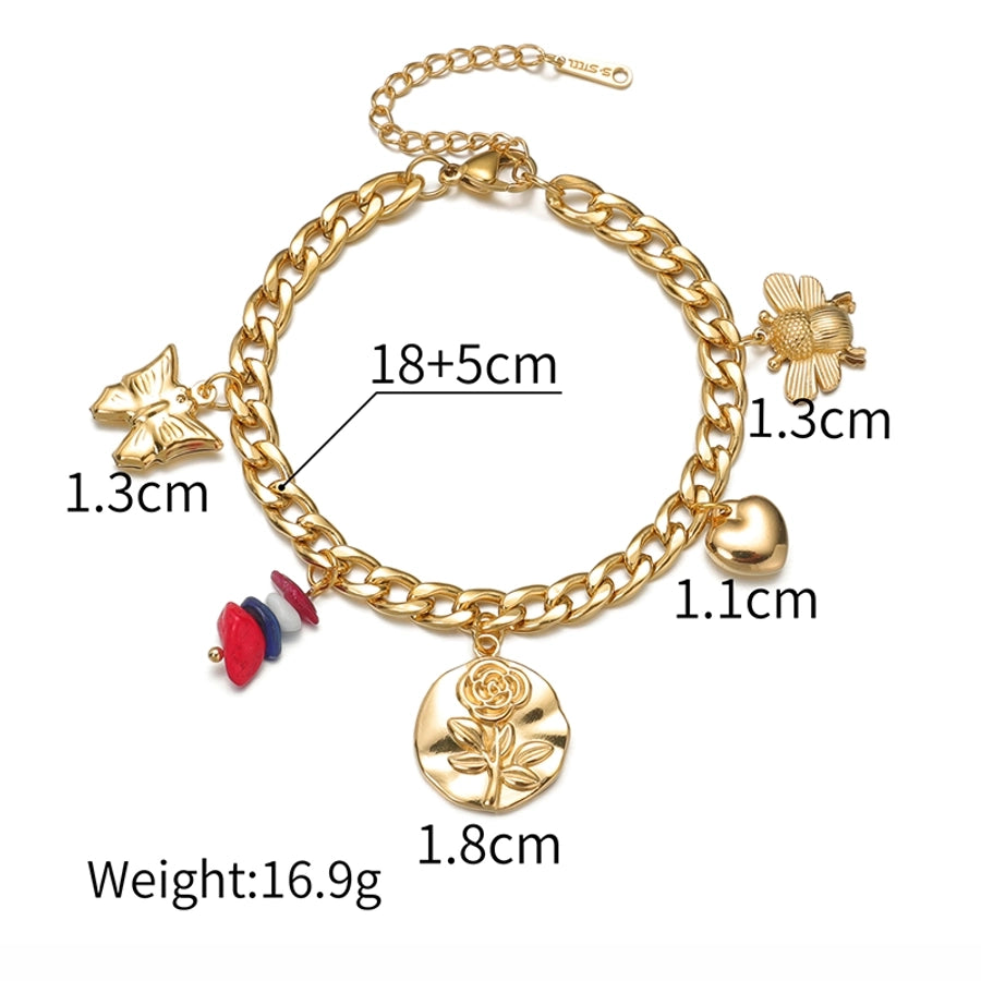 Sweet Simple Style Heart Shape Flower Butterfly 304 Stainless Steel 18K Gold Plated figaro chain Multi Charms Bracelet Bracelets In Bulk