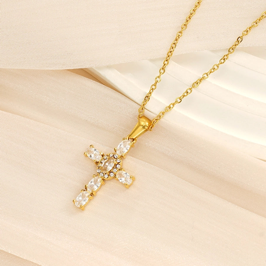 Jewelry Cute Wedding Pastoral Cross 304 Stainless Steel Rhinestones Zircon 18K Gold Plated Necklace