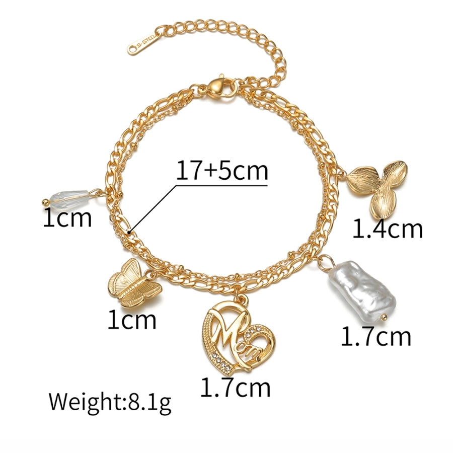 Sweet Simple Style Heart Shape Flower Butterfly 304 Stainless Steel 18K Gold Plated figaro chain Multi Charms Bracelet Bracelets In Bulk