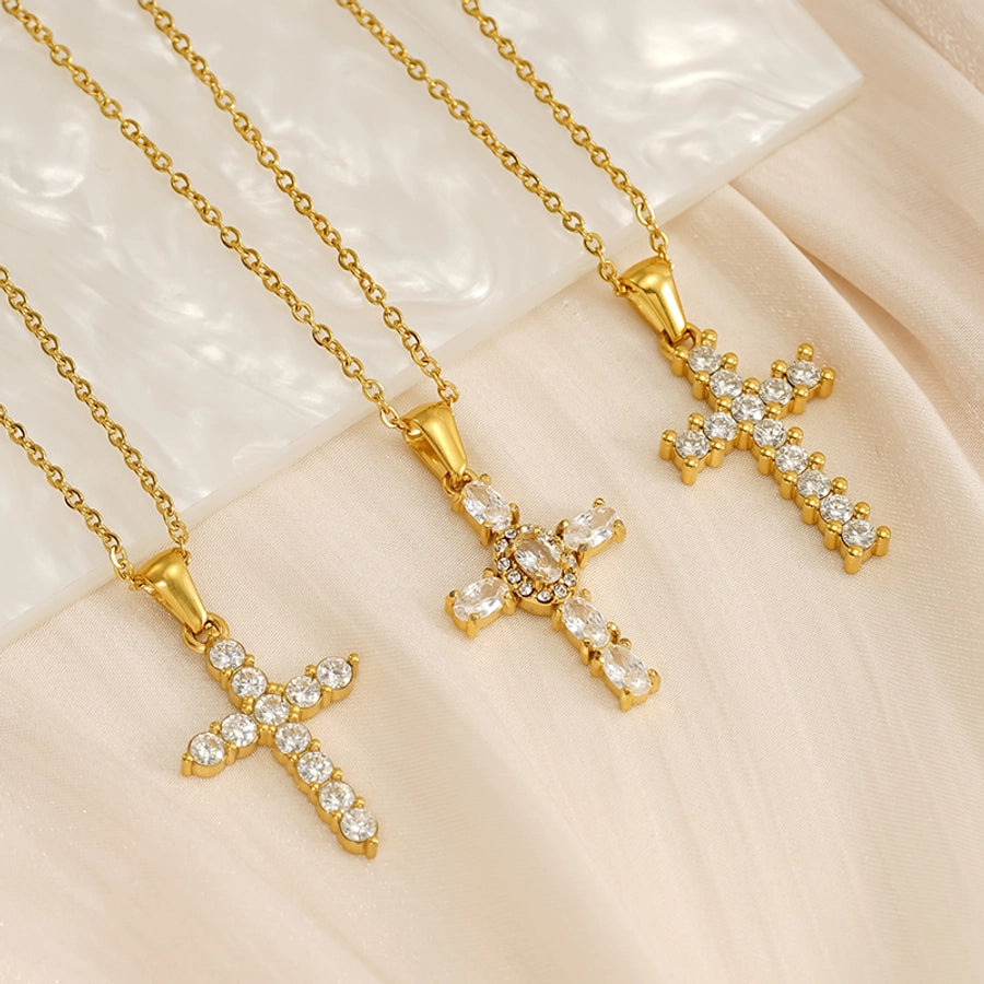 Jewelry Cute Wedding Pastoral Cross 304 Stainless Steel Rhinestones Zircon 18K Gold Plated Necklace