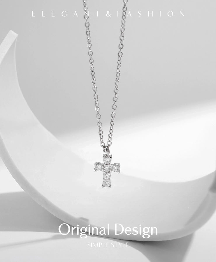 0.18 Karat VVS1-VVS2 Round Brilliant Cut 925 Sterling Silver 925 Sterling Silver Rack Plated Moissanite cable chain Inlay Cross Moissanite GRA Certificate Pendant Necklace