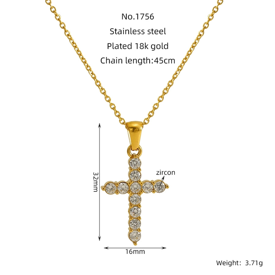 Jewelry Cute Wedding Pastoral Cross 304 Stainless Steel Rhinestones Zircon 18K Gold Plated Necklace