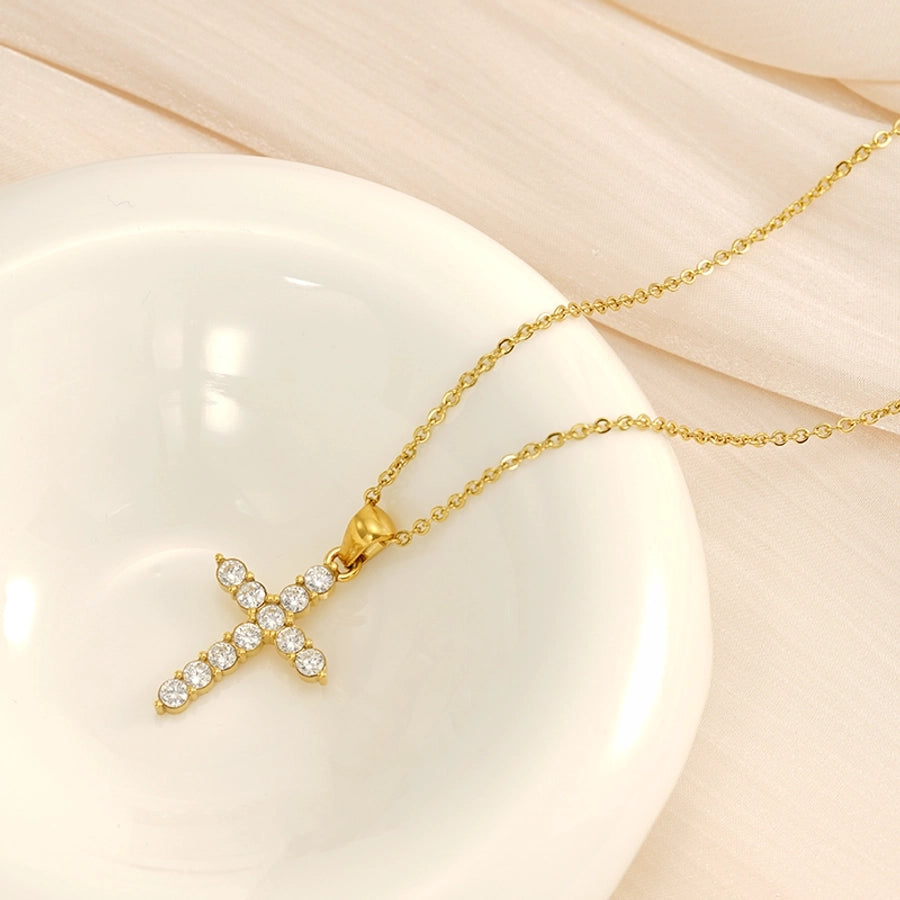 Jewelry Cute Wedding Pastoral Cross 304 Stainless Steel Rhinestones Zircon 18K Gold Plated Necklace