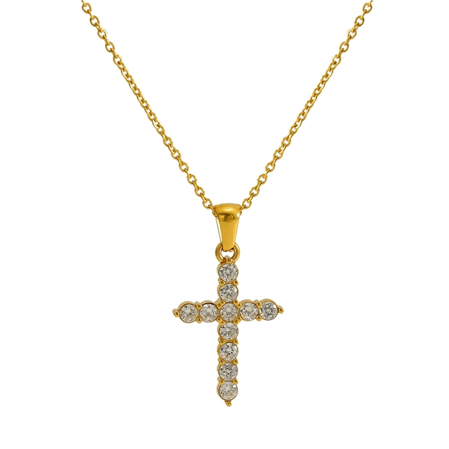 Jewelry Cute Wedding Pastoral Cross 304 Stainless Steel Rhinestones Zircon 18K Gold Plated Necklace