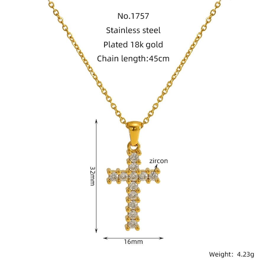 Jewelry Cute Wedding Pastoral Cross 304 Stainless Steel Rhinestones Zircon 18K Gold Plated Necklace