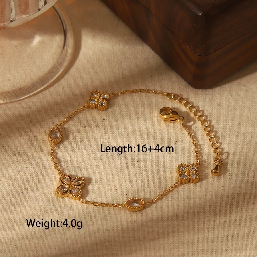 Jewelry IG Style French Style Commute Four Leaf Clover Solid Color Flower 304 Stainless Steel Zircon 18K Gold Plated Bracelets Necklace