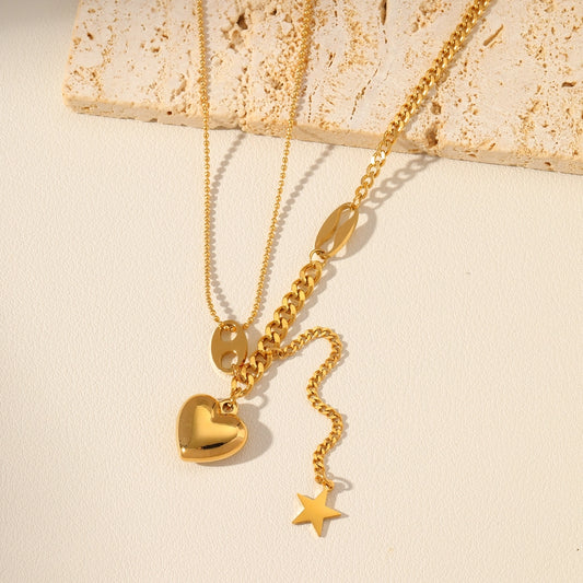 Stainless Steel 18K Gold Plated Vintage Style Splicing Gold Plated Heart Shape No Inlaid Layered Necklaces