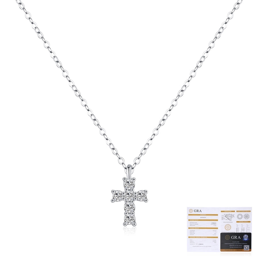 0.18 Karat VVS1-VVS2 Round Brilliant Cut 925 Sterling Silver 925 Sterling Silver Rack Plated Moissanite cable chain Inlay Cross Moissanite GRA Certificate Pendant Necklace