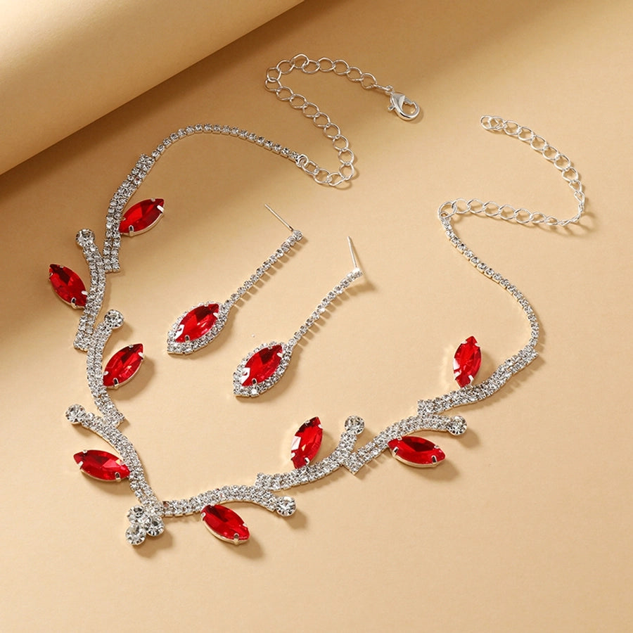 luxurious bridal leaf alloy plating inlay rhinestones silver plated women's earrings necklace