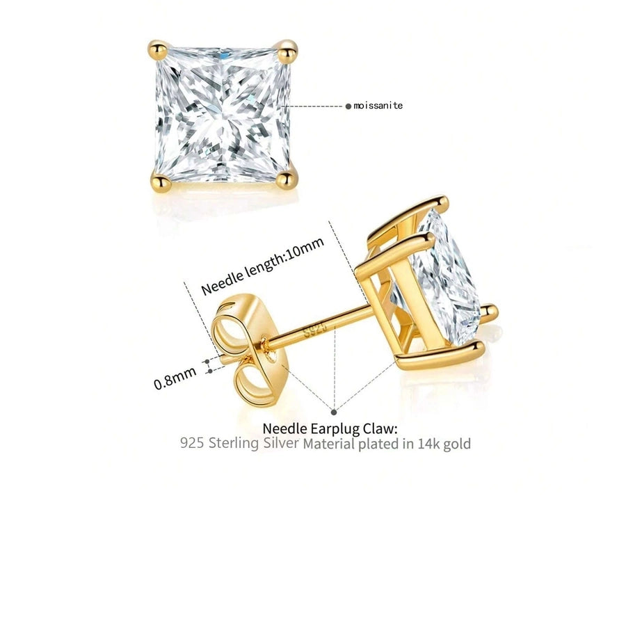 1 Set Princess-cut 18K Gold Plated 925 Sterling Silver 925 Sterling Silver Moissanite GRA Certificate Square Ear Studs Colorless(DEF)