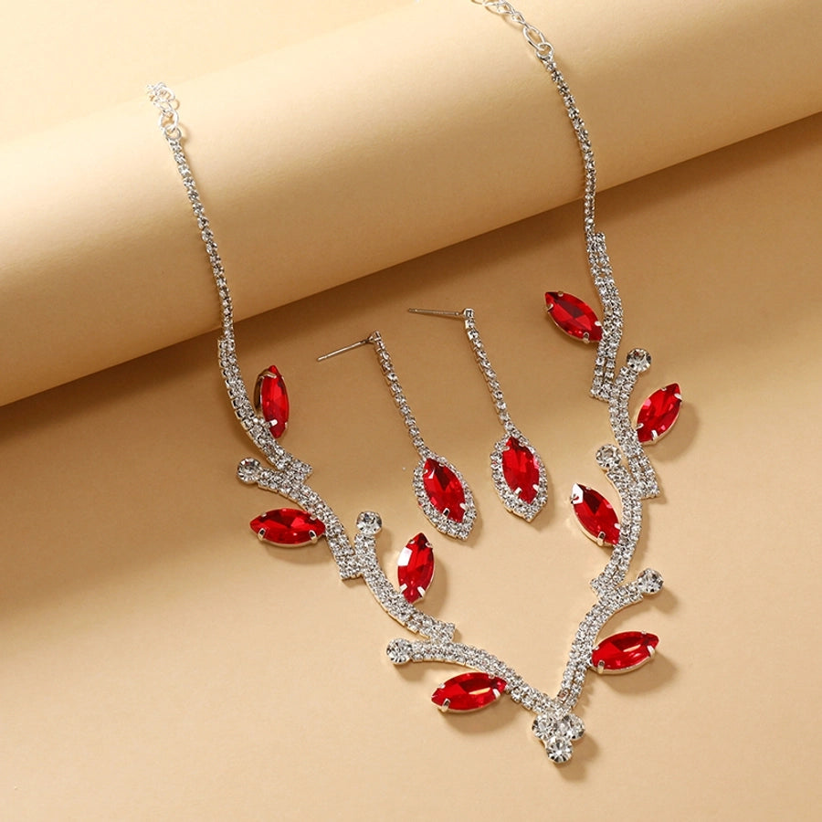 luxurious bridal leaf alloy plating inlay rhinestones silver plated women's earrings necklace