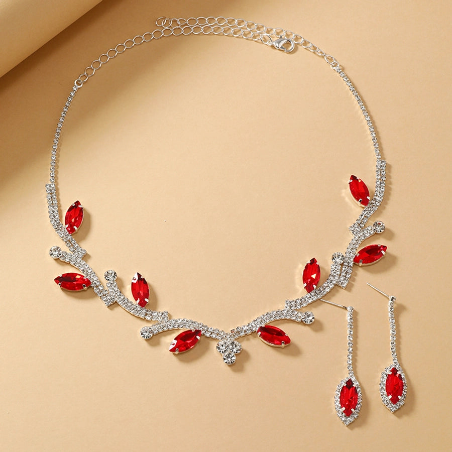 luxurious bridal leaf alloy plating inlay rhinestones silver plated women's earrings necklace