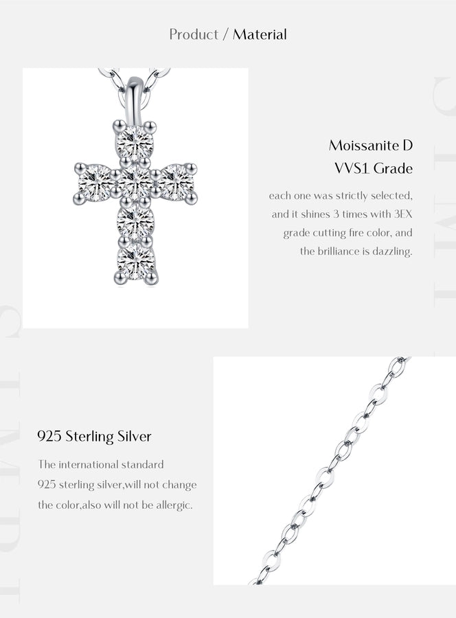 0.18 Karat VVS1-VVS2 Round Brilliant Cut 925 Sterling Silver 925 Sterling Silver Rack Plated Moissanite cable chain Inlay Cross Moissanite GRA Certificate Pendant Necklace