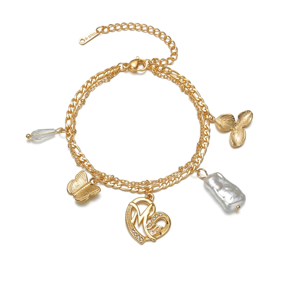 Sweet Simple Style Heart Shape Flower Butterfly 304 Stainless Steel 18K Gold Plated figaro chain Multi Charms Bracelet Bracelets In Bulk