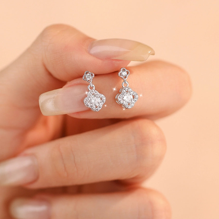 1 Pair 925 Sterling Silver Zircon 925 Sterling Silver Earrings Four Leaf Clover Drop Earrings