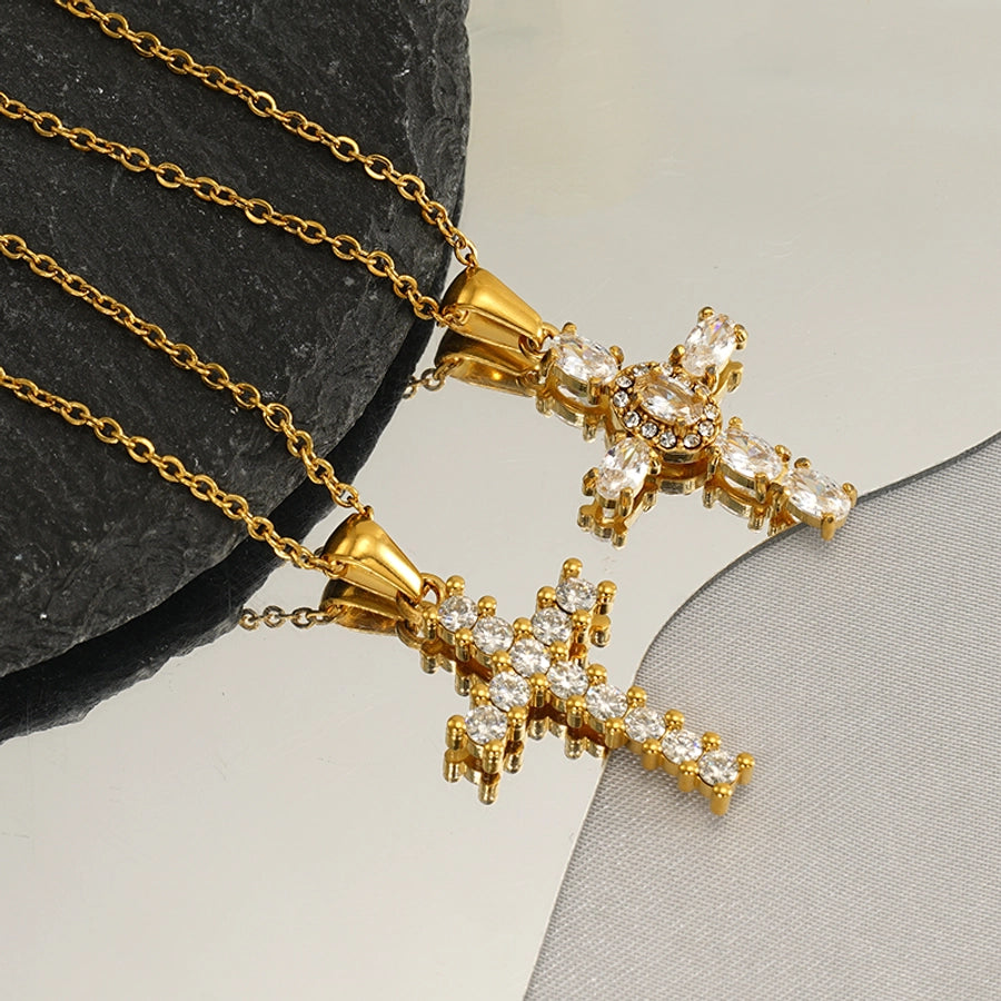 Jewelry Cute Wedding Pastoral Cross 304 Stainless Steel Rhinestones Zircon 18K Gold Plated Necklace