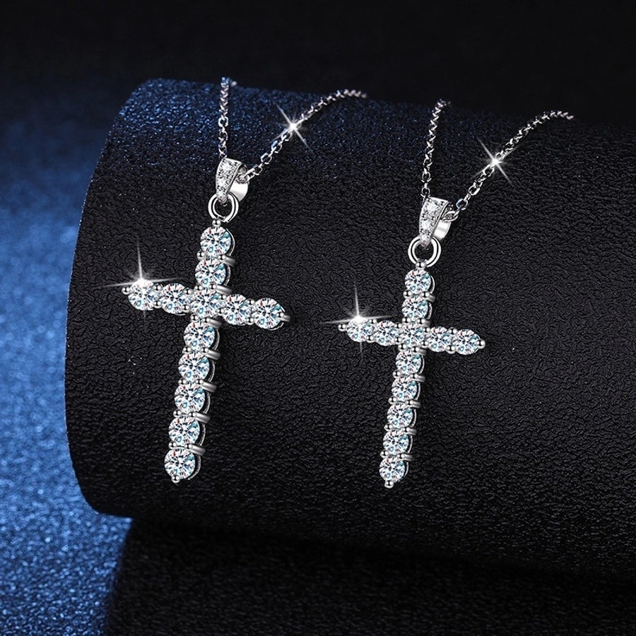 925 Sterling Silver Moissanite Inlay Cross Pendant Necklace