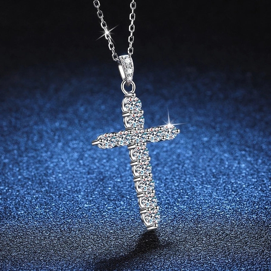 925 Sterling Silver Moissanite Inlay Cross Pendant Necklace